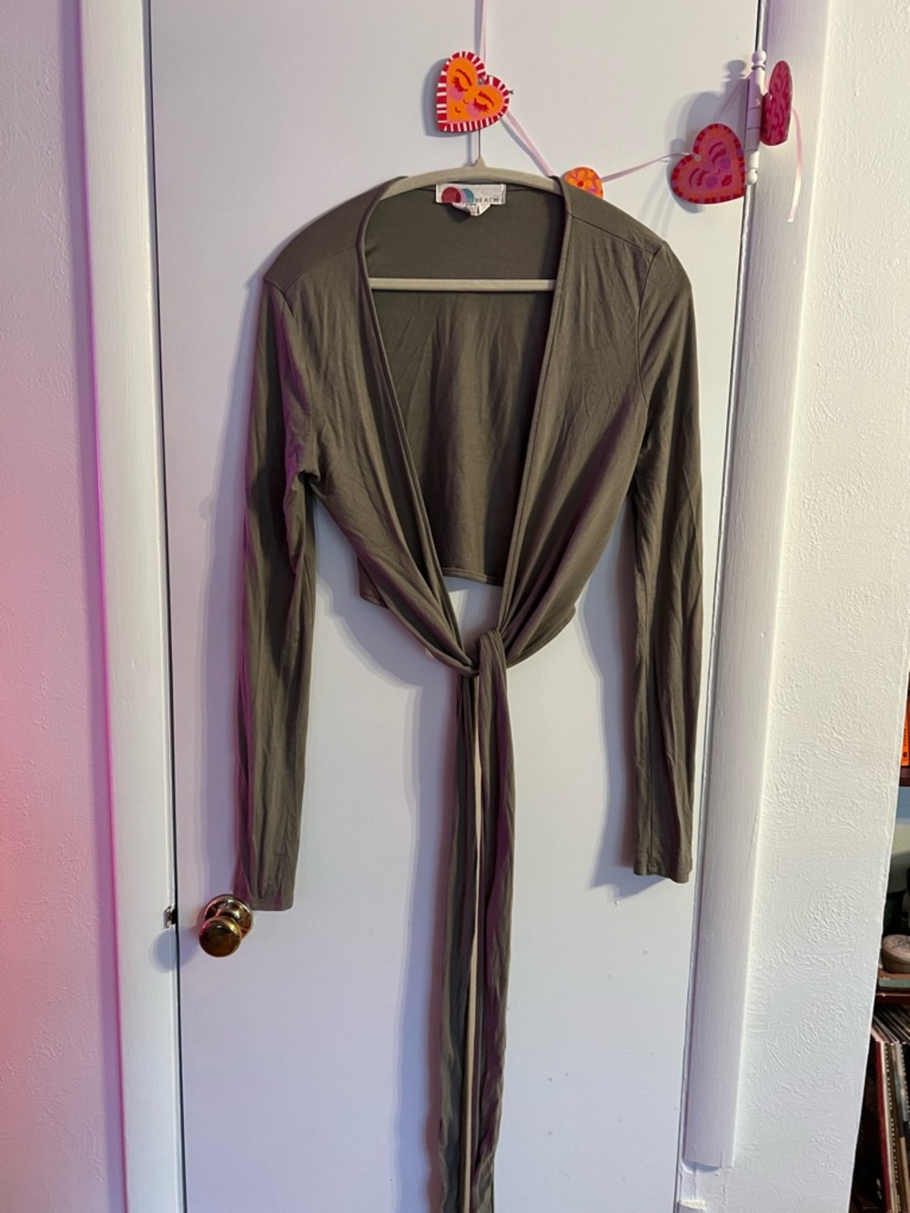 Long-Sleeve Tie-Front Crop Blouse in Olive Green